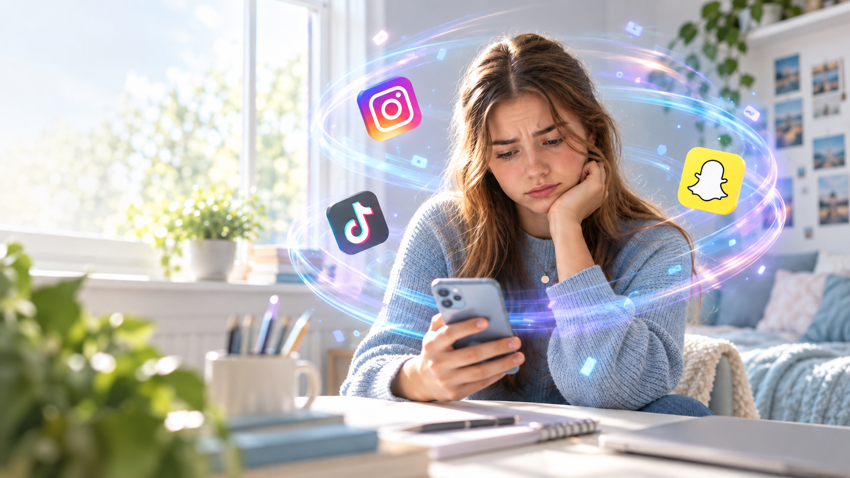 A girl looking concerned while viewing social media on her phone